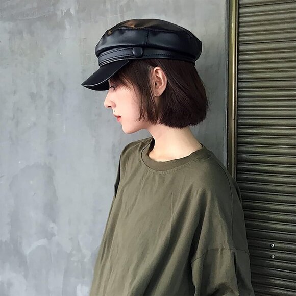 Faux Leather Newsboy Hat Women Men Vintage Beret Cap Casual Stylish main image 4